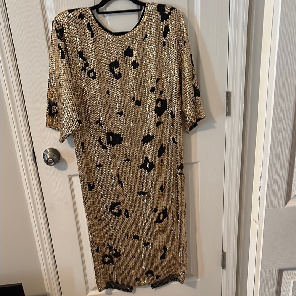 Vintage Black and Gold Sheath Midi Dress with Dolman Sleeves